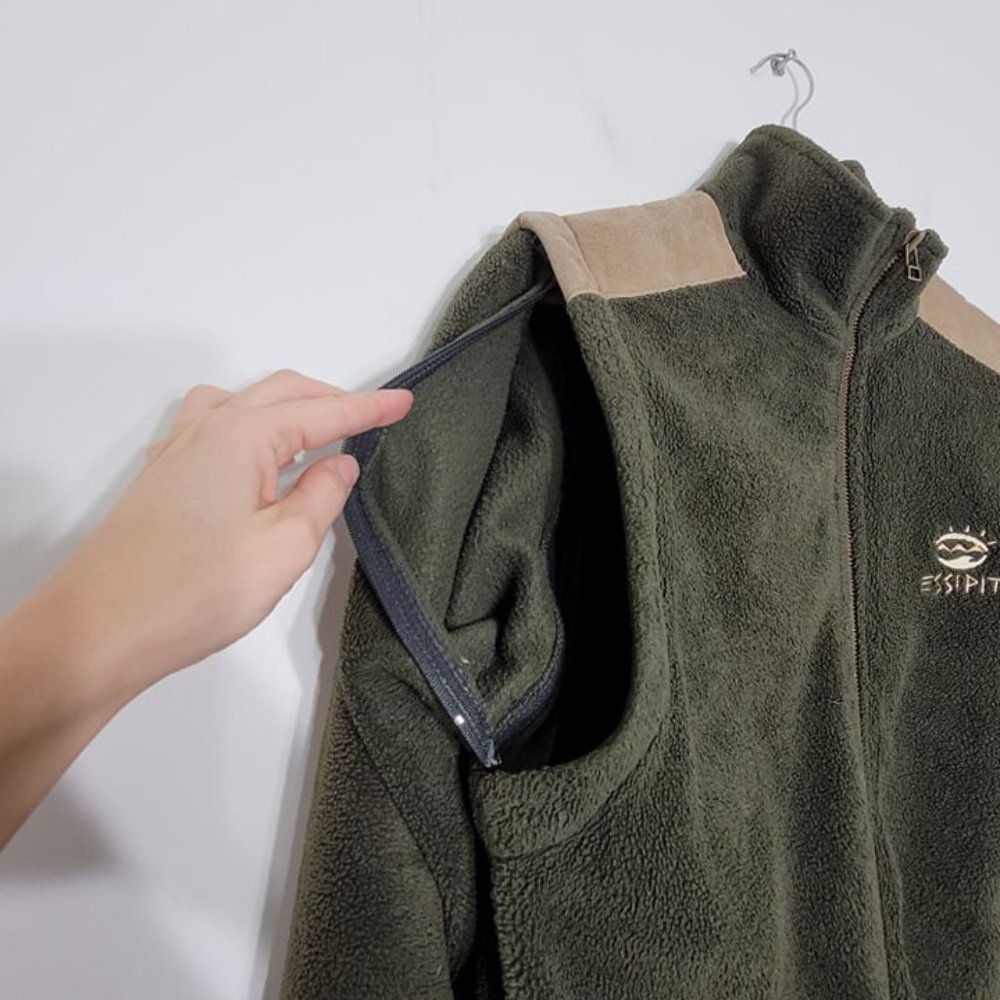 Vintage Olive Green Fleece Jacket with Tan Accents - Picture 11 of 13